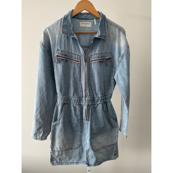 One Teaspoon Denim Mini Dress Size Medium Zip Front Modern Utility Designer - Picture 15 of 16